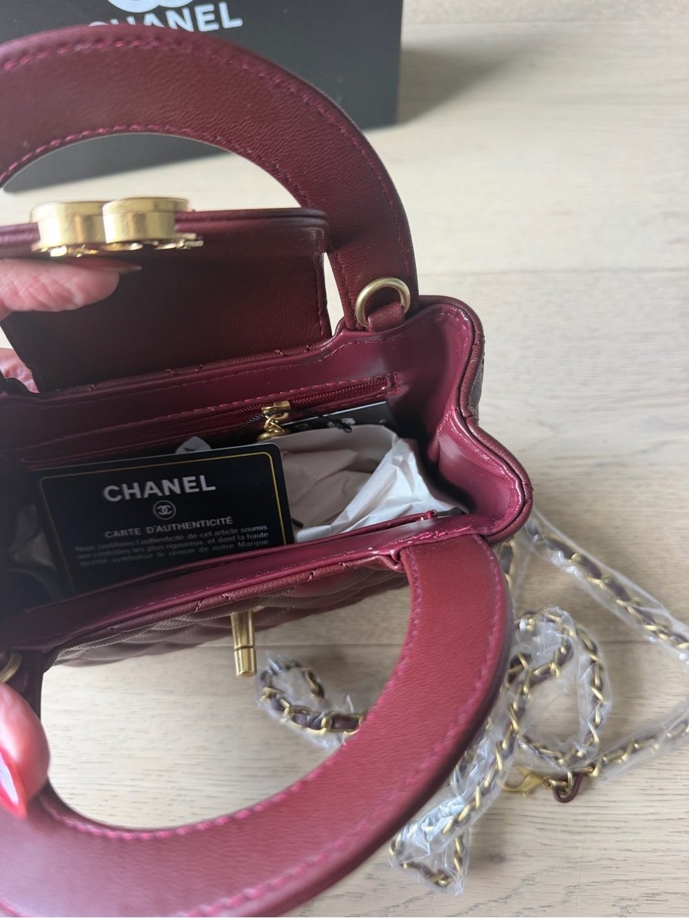 CHANEL Burgundy Quilted Mini Top-Handle Bag with Gold CC - Picture 3 of 3